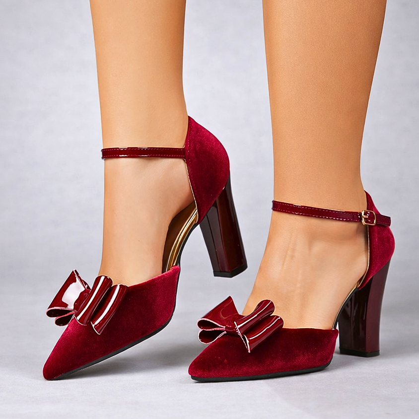 Women's Velvet Bow Heels with Block Heel and Ankle Strap