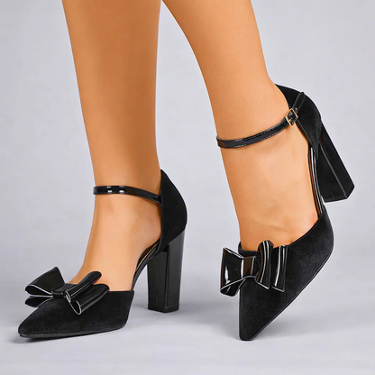 Women's Velvet Bow Heels with Block Heel and Ankle Strap