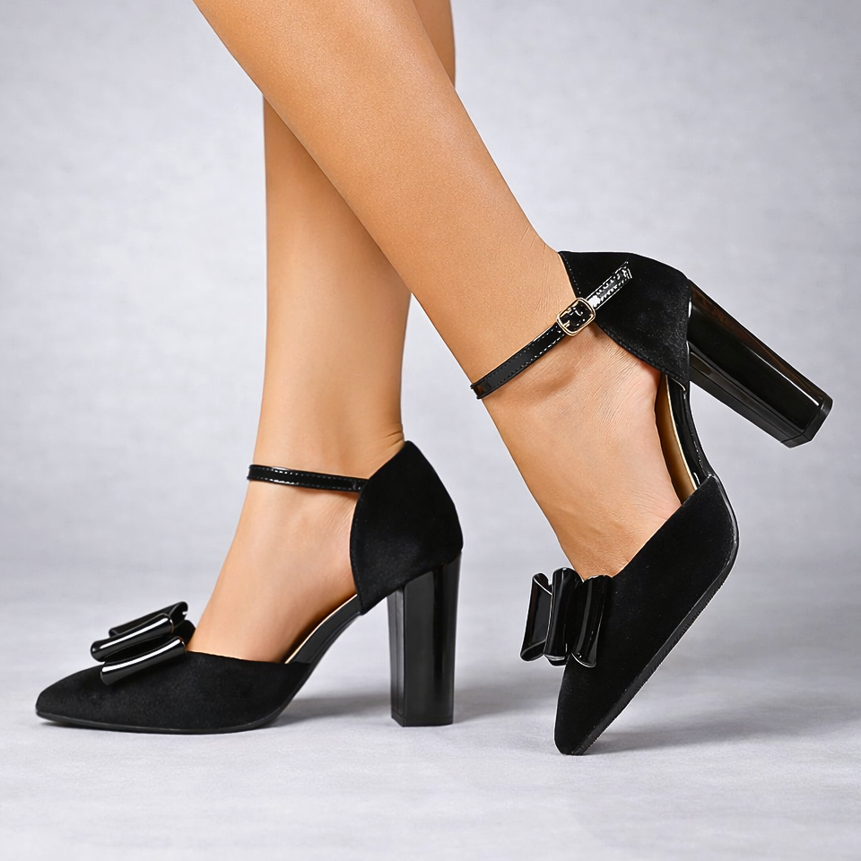 Women's Velvet Bow Heels with Block Heel and Ankle Strap