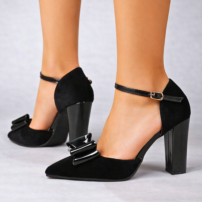 Women's Velvet Bow Heels with Block Heel and Ankle Strap