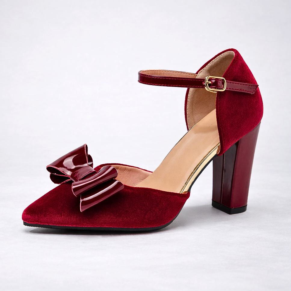 Women's Velvet Bow Heels with Block Heel and Ankle Strap