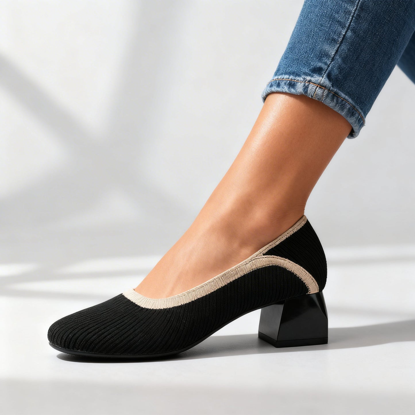 Women's Block Heel Pumps with Flexible Ribbed Upper