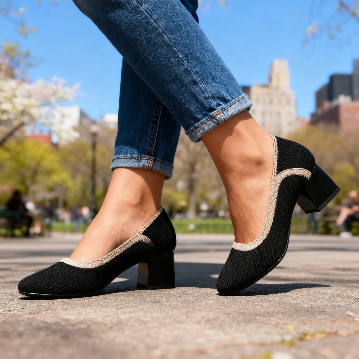 Women's Block Heel Pumps with Flexible Ribbed Upper