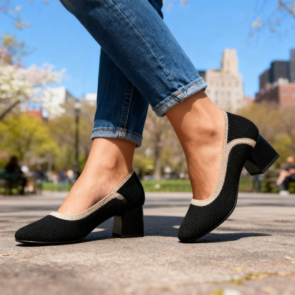 Women's Block Heel Pumps with Flexible Ribbed Upper
