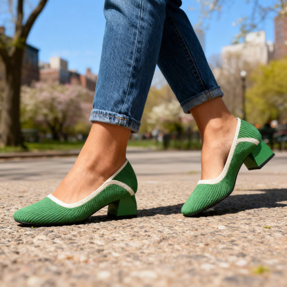 Women's Block Heel Pumps with Flexible Ribbed Upper
