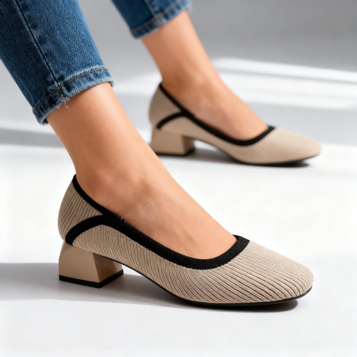 Women's Block Heel Pumps with Flexible Ribbed Upper