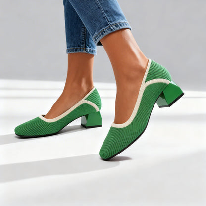 Women's Block Heel Pumps with Flexible Ribbed Upper