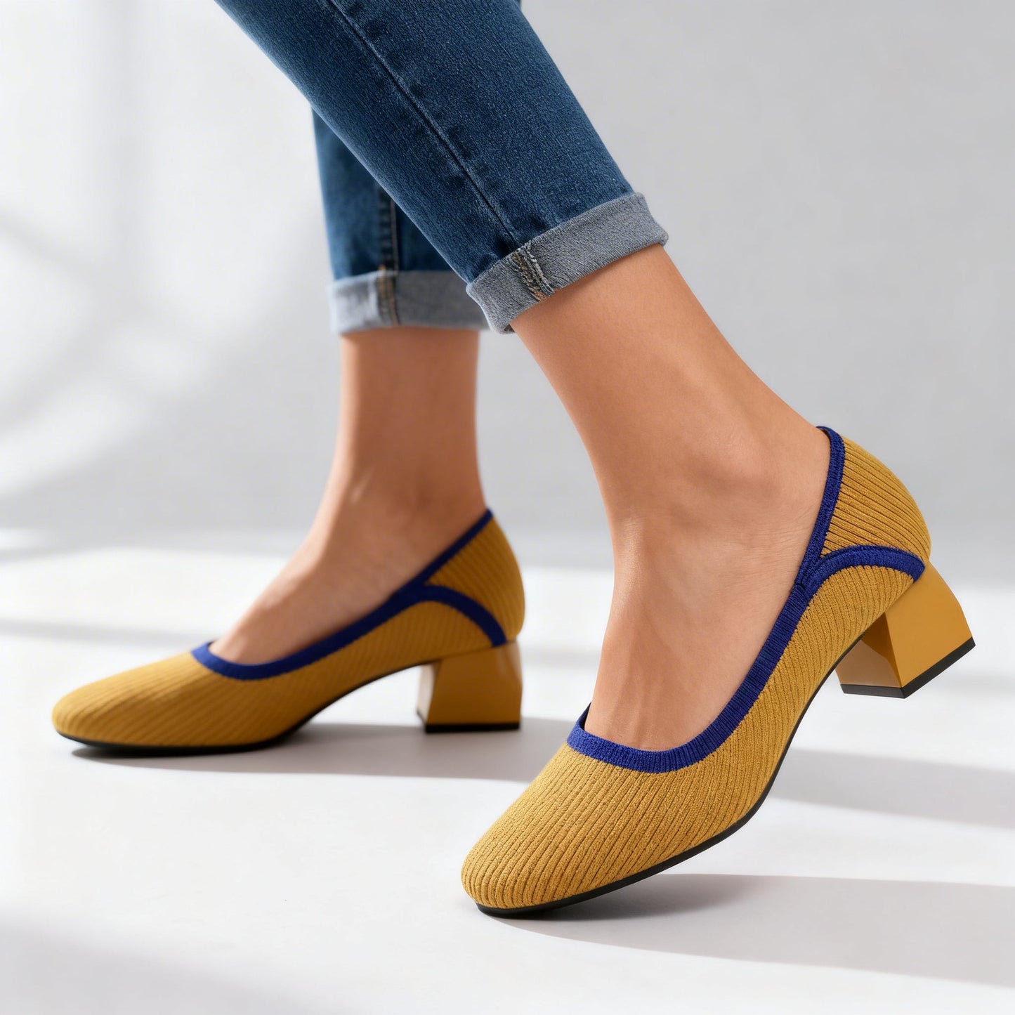Women's Block Heel Pumps with Flexible Ribbed Upper