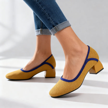Women's Block Heel Pumps with Flexible Ribbed Upper