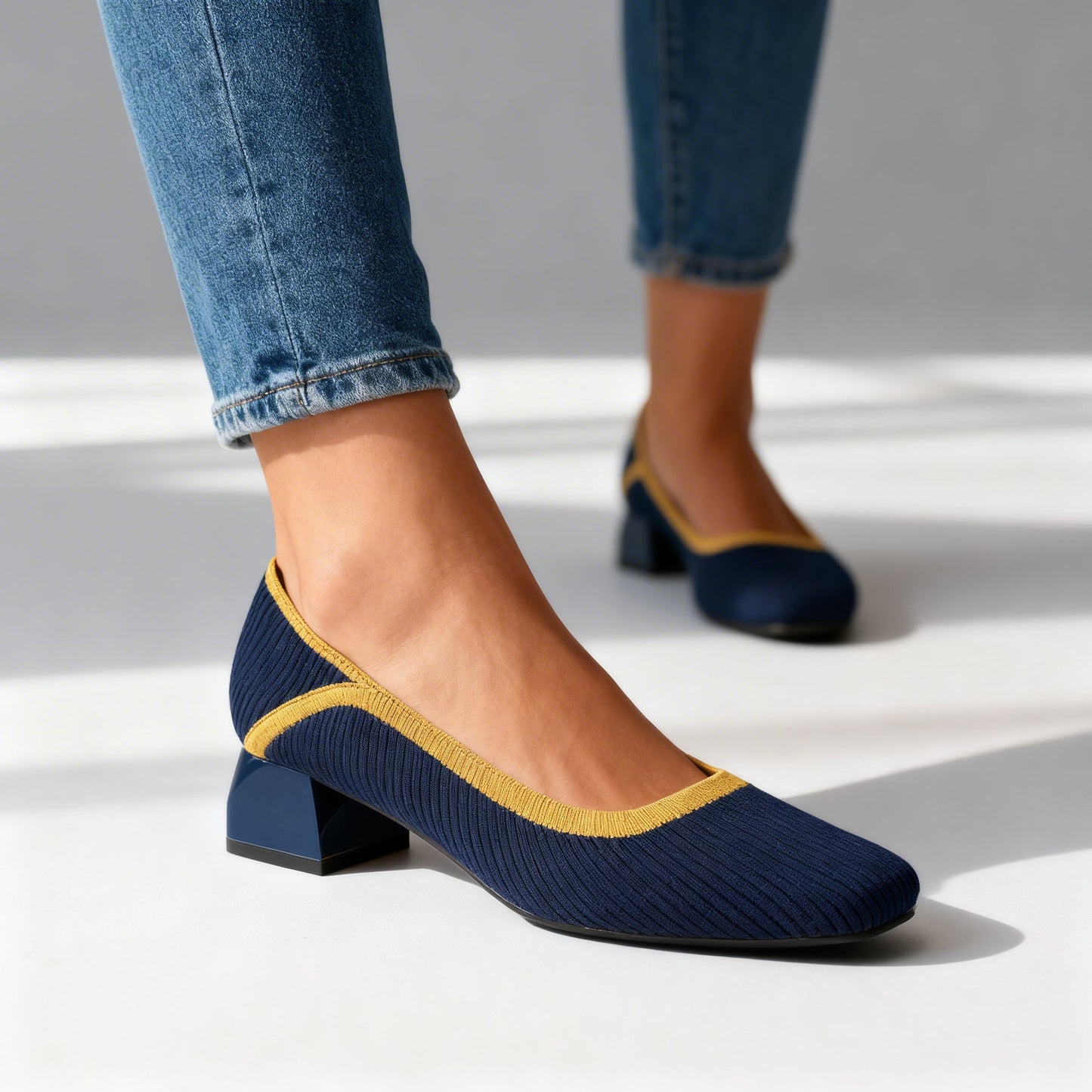 Women's Block Heel Pumps with Flexible Ribbed Upper
