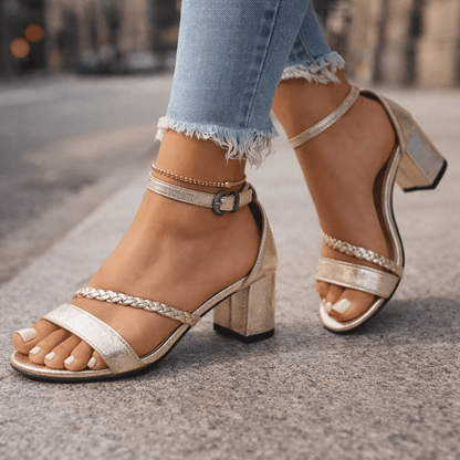 Women's Block Heel Sandals with Braided Strap Design