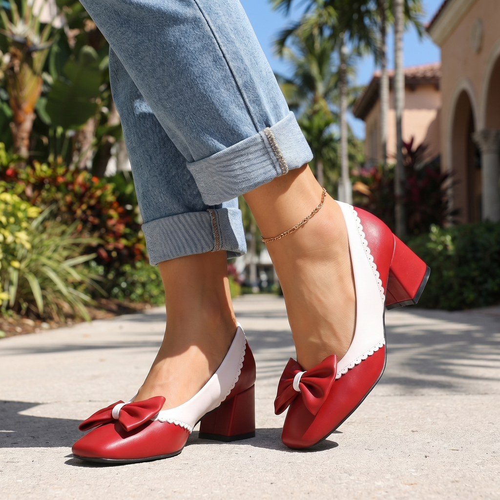 Women's Block Heel Shoes with Bow Detail