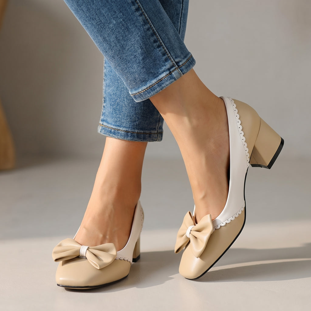 Women's Block Heel Shoes with Bow Detail