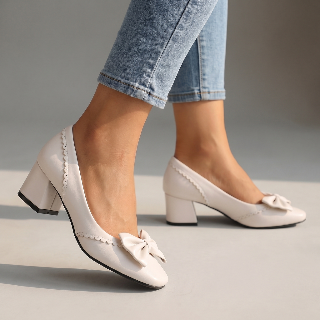 Women's Block Heel Shoes with Bow Detail