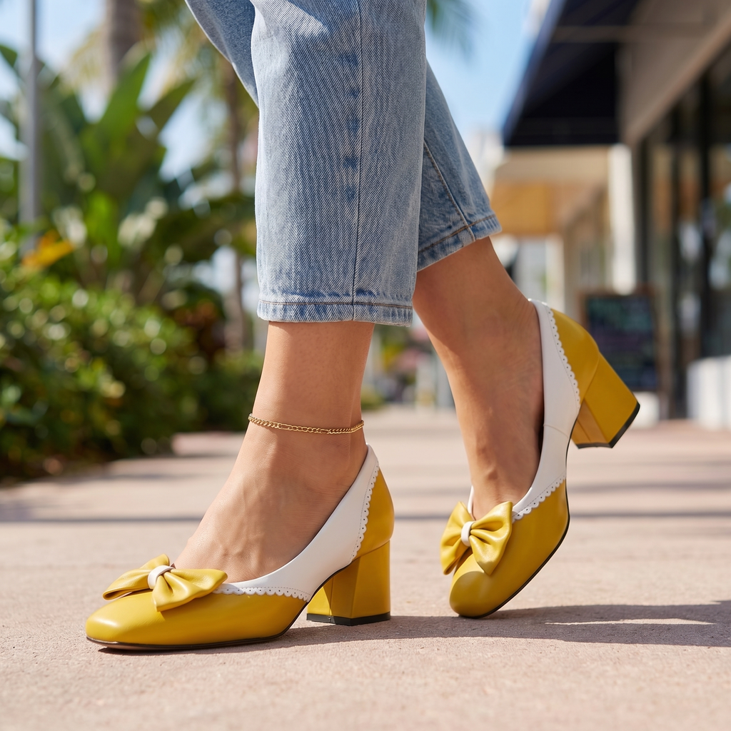 Women's Block Heel Shoes with Bow Detail