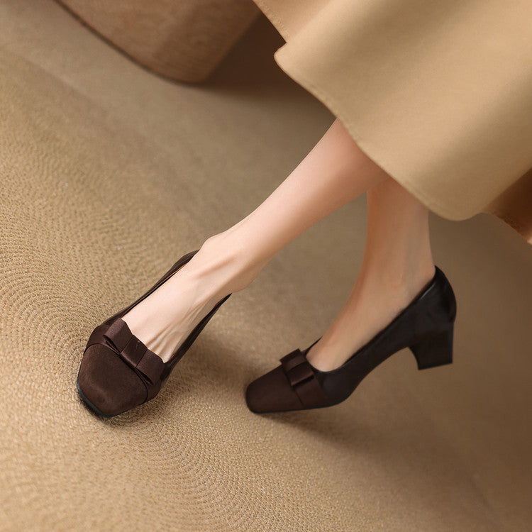 Women's Block Heeled Pumps with Bow-Knot Detail