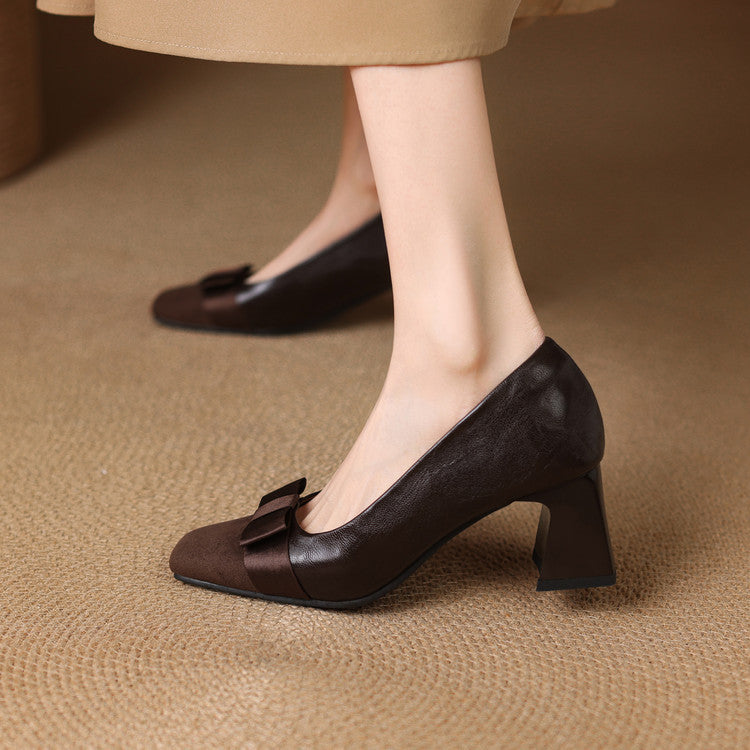 Women's Block Heeled Pumps with Bow-Knot Detail