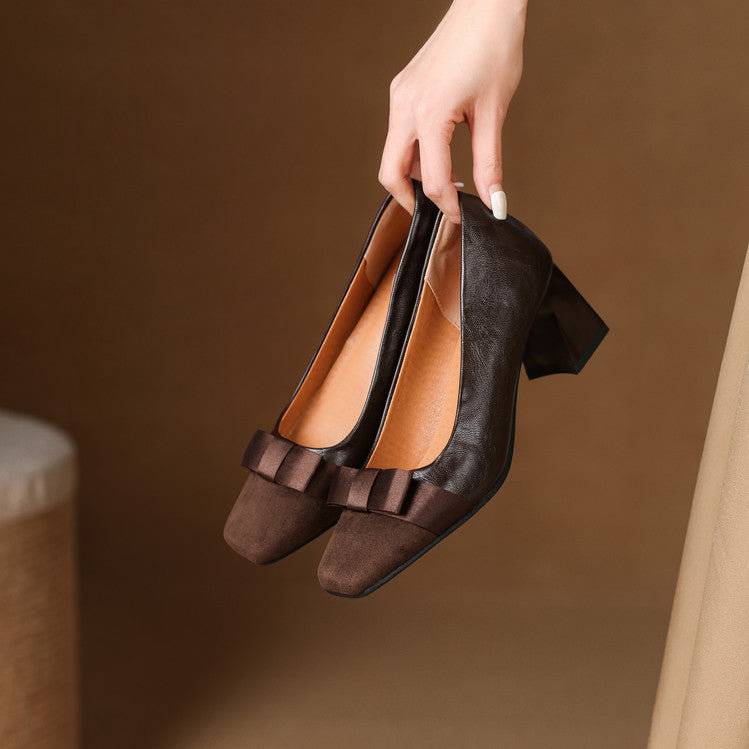 Women's Block Heeled Pumps with Bow-Knot Detail