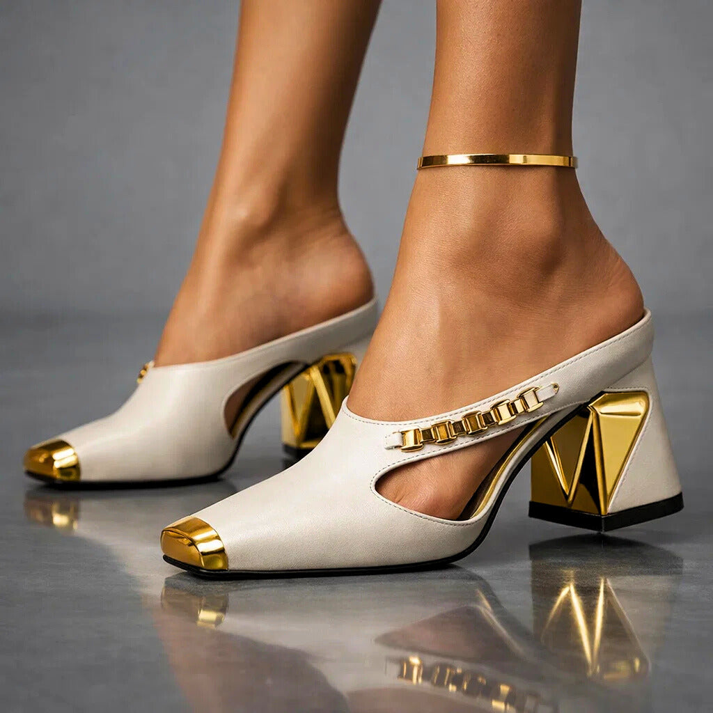 Women's Court Shoes with Metallic Trim and Block Heel