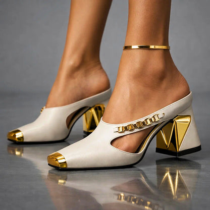 Women's Court Shoes with Metallic Trim and Block Heel