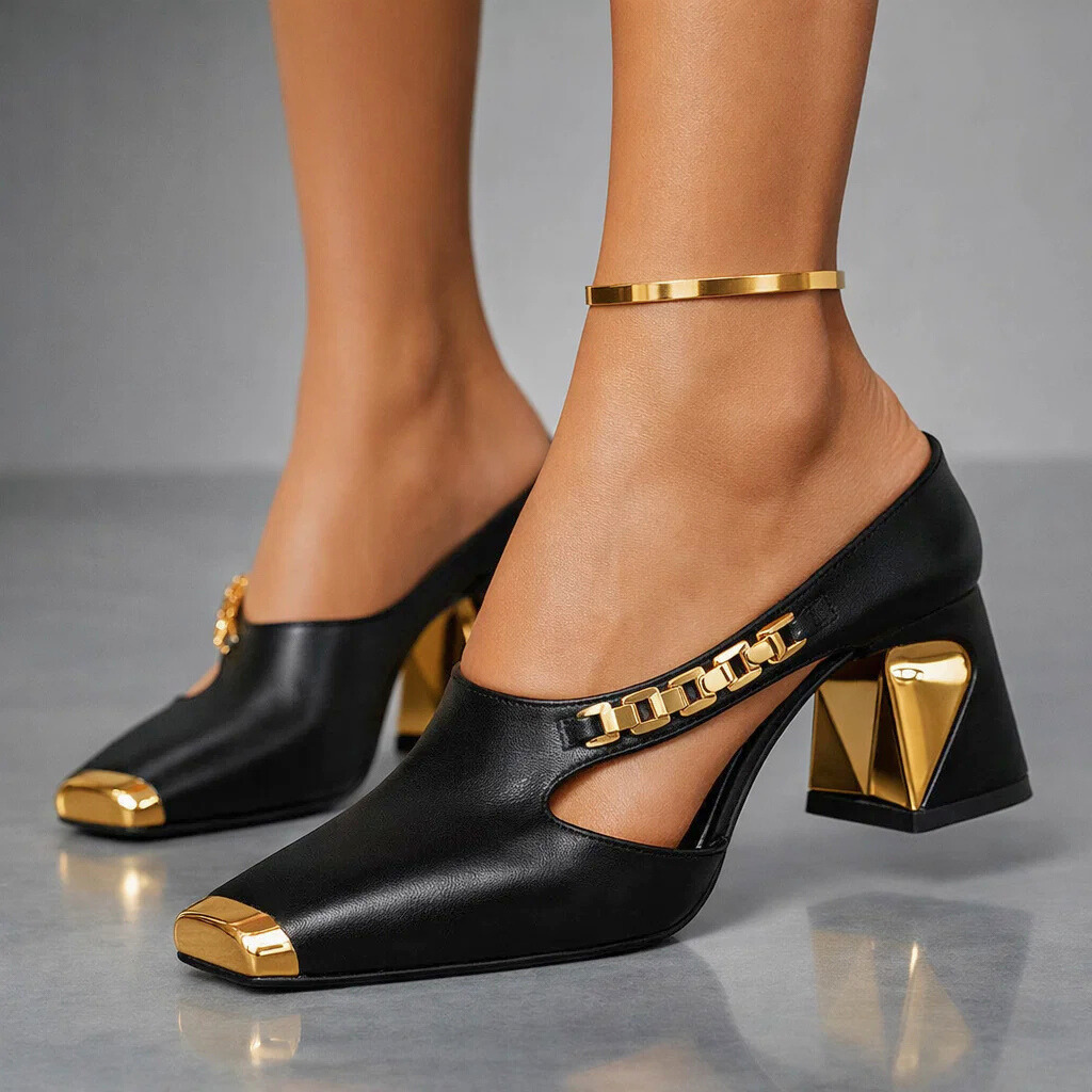 Women's Court Shoes with Metallic Trim and Block Heel