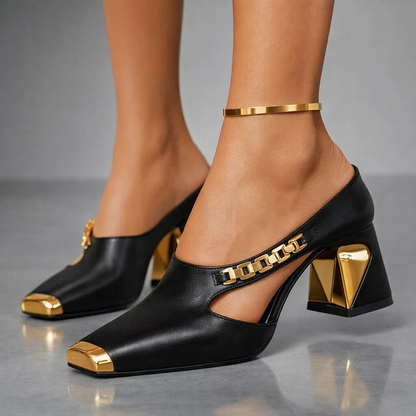 Women's Court Shoes with Metallic Trim and Block Heel