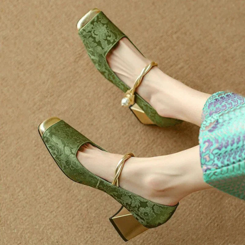 Women's Block Heels with Pearl-Twisted Strap and Square Toe