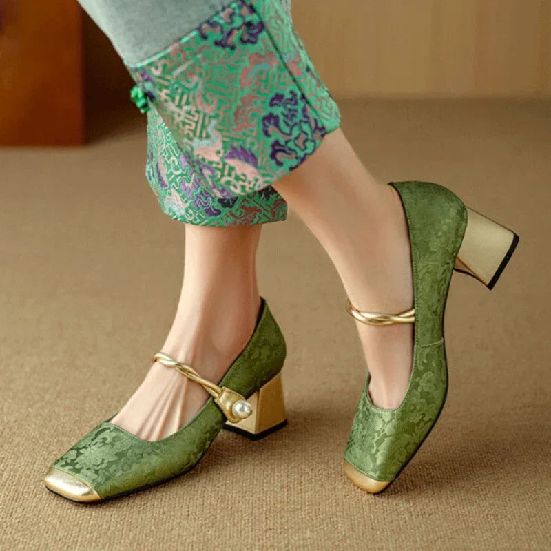 Women's Block Heels with Pearl-Twisted Strap and Square Toe
