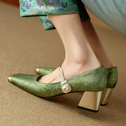 Women's Block Heels with Pearl-Twisted Strap and Square Toe