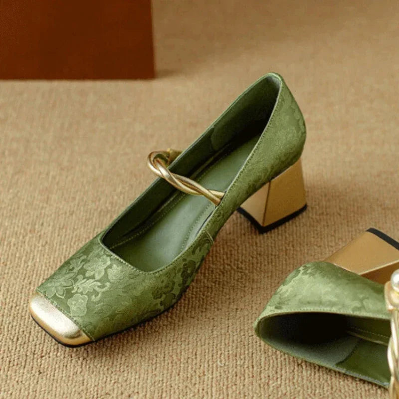 Women's Block Heels with Pearl-Twisted Strap and Square Toe