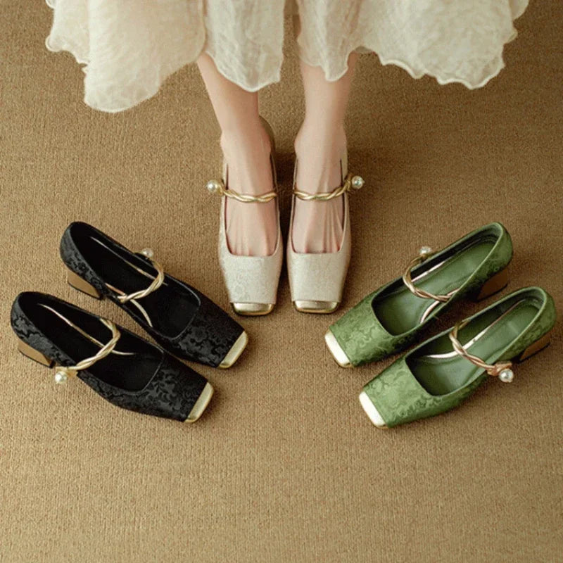 Women's Block Heels with Pearl-Twisted Strap and Square Toe