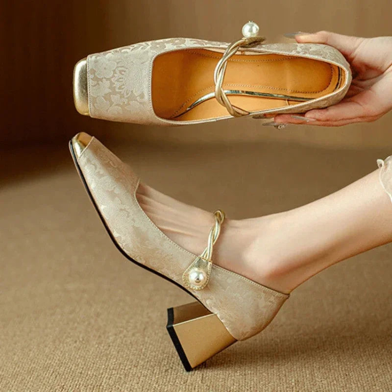Women's Block Heels with Pearl-Twisted Strap and Square Toe