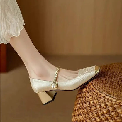 Women's Block Heels with Pearl-Twisted Strap and Square Toe