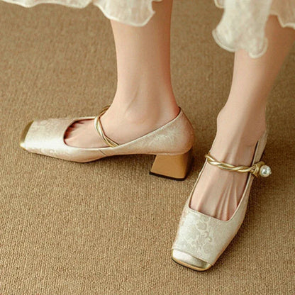 Women's Block Heels with Pearl-Twisted Strap and Square Toe
