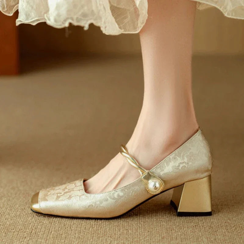 Women's Block Heels with Pearl-Twisted Strap and Square Toe