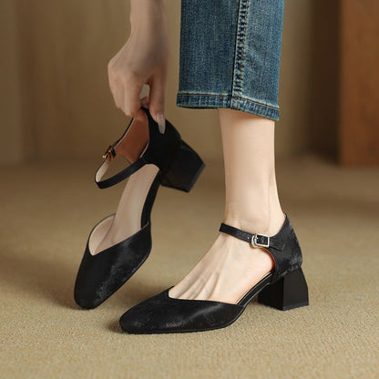 Women's Block Heels with Square Toe and Secure Buckle Strap