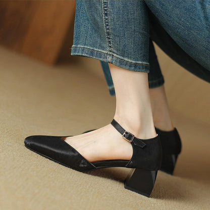 Women's Block Heels with Square Toe and Secure Buckle Strap