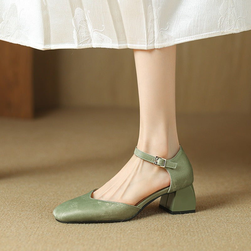 Women's Block Heels with Square Toe and Secure Buckle Strap