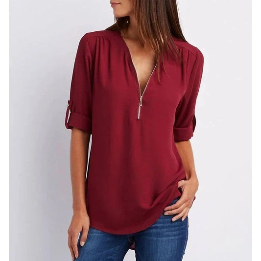 Women's Blouse with 3/4 Sleeves and Zipper Detail
