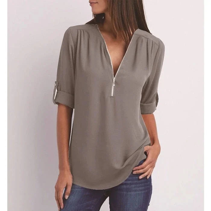 Women's Blouse with 3/4 Sleeves and Zipper Detail