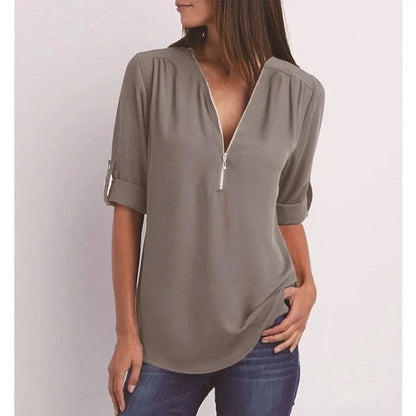 Women's Blouse with 3/4 Sleeves and Zipper Detail