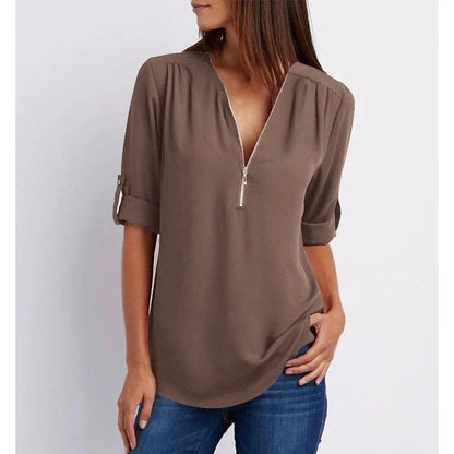 Women's Blouse with 3/4 Sleeves and Zipper Detail