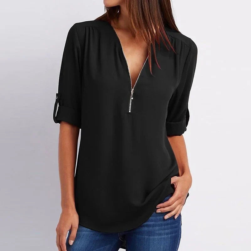 Women's Blouse with 3/4 Sleeves and Zipper Detail