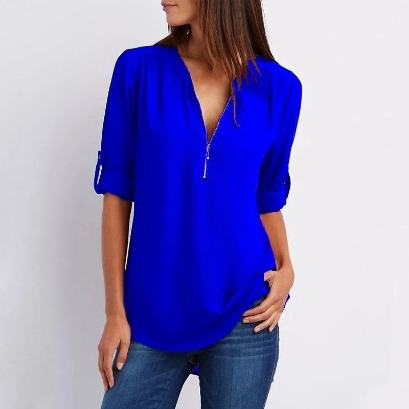 Women's Blouse with 3/4 Sleeves and Zipper Detail