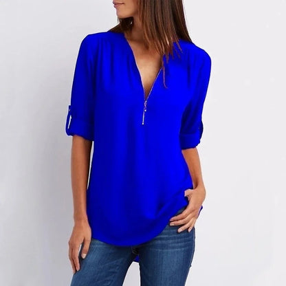 Women's Blouse with 3/4 Sleeves and Zipper Detail