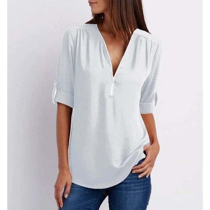 Women's Blouse with 3/4 Sleeves and Zipper Detail