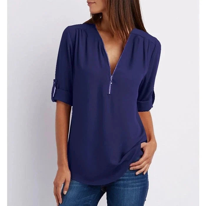 Women's Blouse with 3/4 Sleeves and Zipper Detail