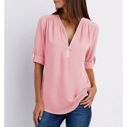 Women's Blouse with 3/4 Sleeves and Zipper Detail
