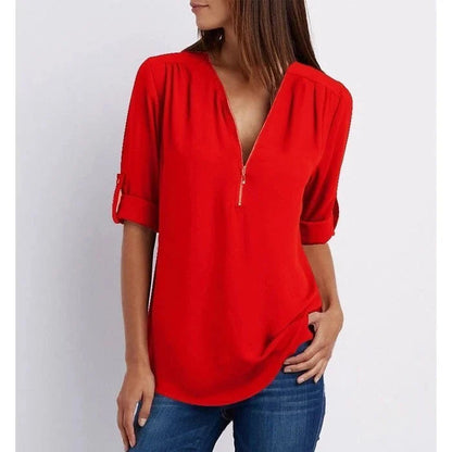 Women's Blouse with 3/4 Sleeves and Zipper Detail