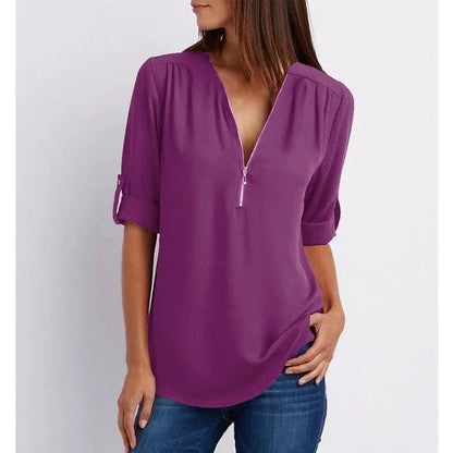 Women's Blouse with 3/4 Sleeves and Zipper Detail